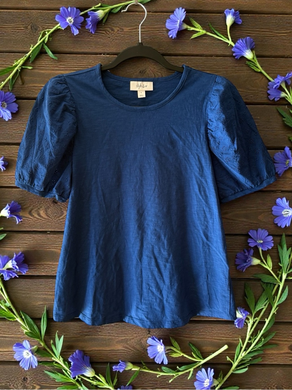 Style & Co. Blue Cotton T-Shirt Top with Puffy Eyelet Sleeves